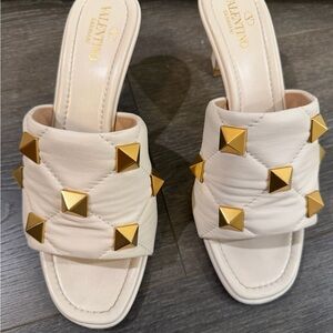 Valentino Garavani Quilted Cream Mules with Gold Accents